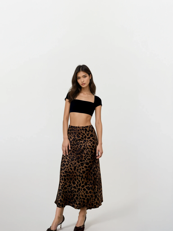 Leopar Desenli Saten Etek L