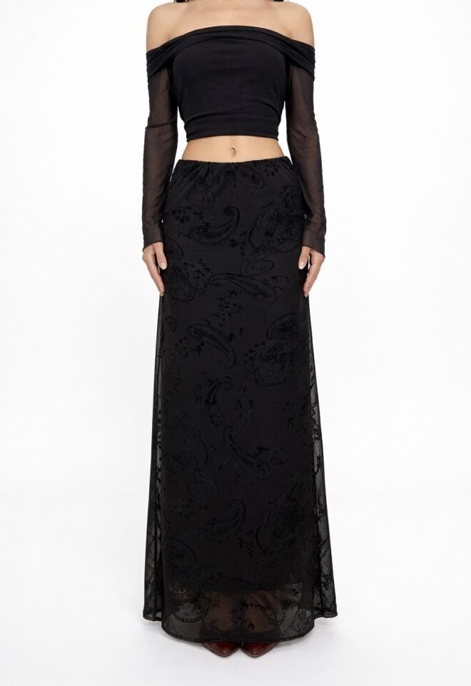 Uzun İşleme Detaylı Etek Siyah - S