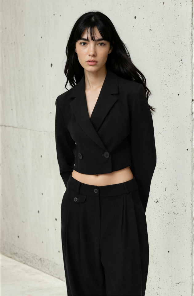 Vatka Detaylı Crop Blazer Ceket Siyah - L