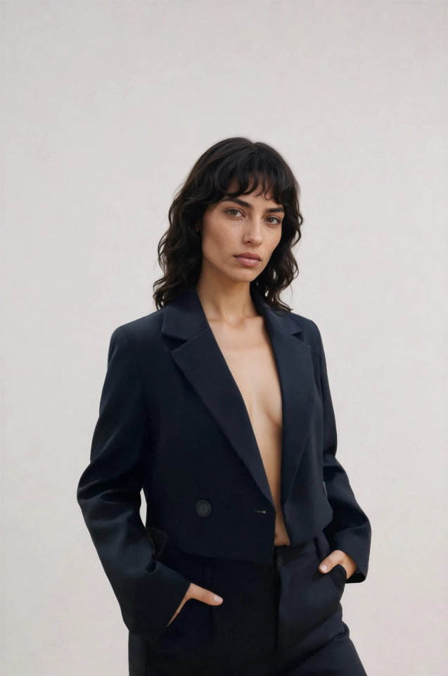 Vatka Detaylı Crop Blazer Ceket Siyah - L