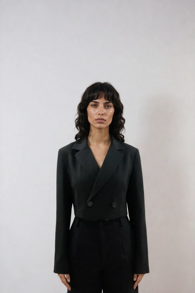 Vatka Detaylı Crop Blazer Ceket Siyah - L