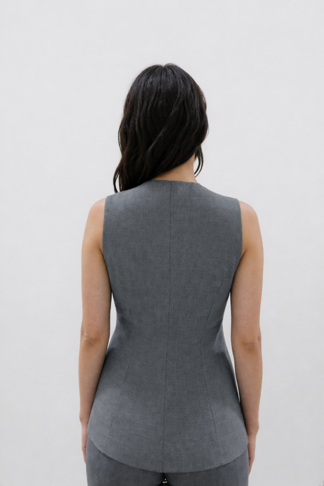 Ön Yırtmaç Detaylı Yuvarlak Yaka Düğmeli Yelek Ceket Gri - L