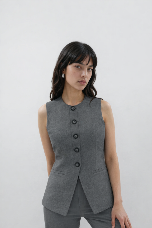 Ön Yırtmaç Detaylı Yuvarlak Yaka Düğmeli Yelek Ceket Gri - L