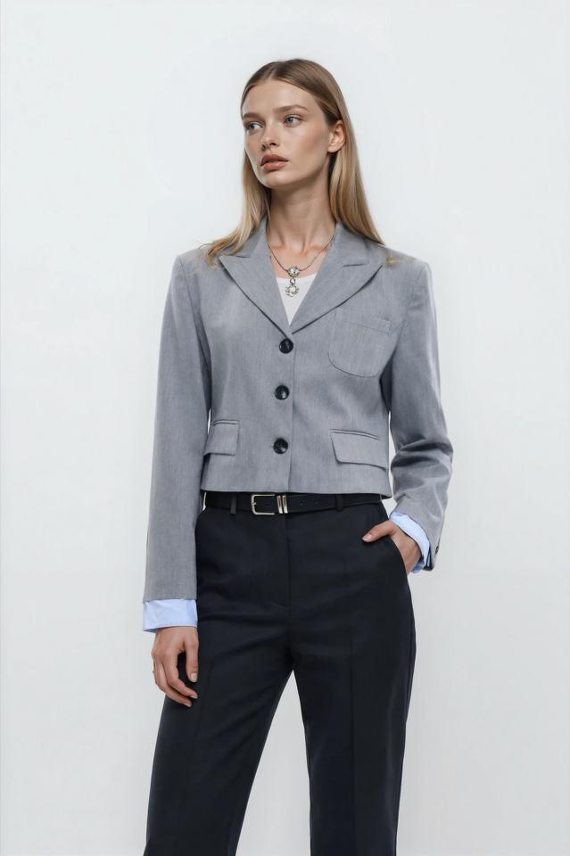 Kumaş Garnili Cep Detaylı Crop Blazer Ceket Gri - M