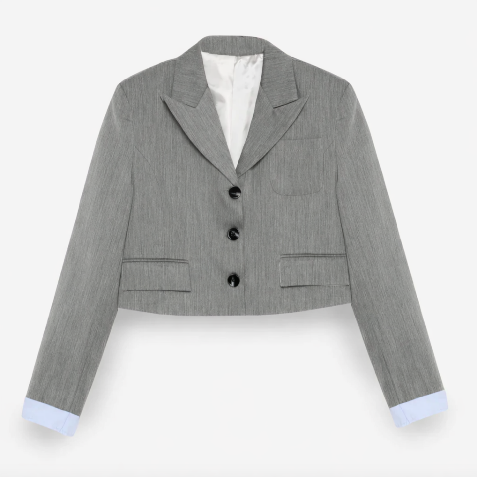 Kumaş Garnili Cep Detaylı Crop Blazer Ceket Gri - M