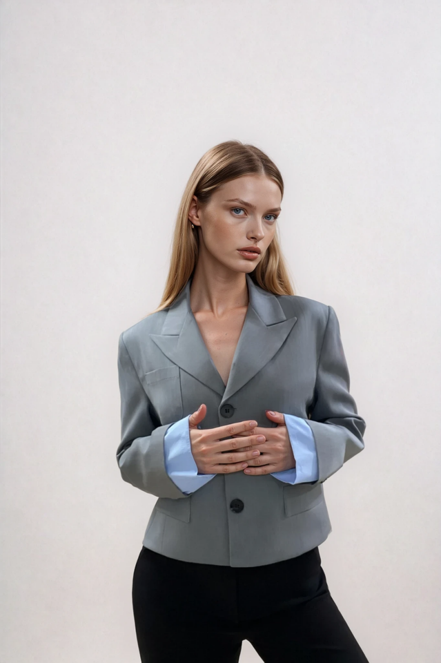 Kumaş Garnili Cep Detaylı Crop Blazer Ceket Gri - M