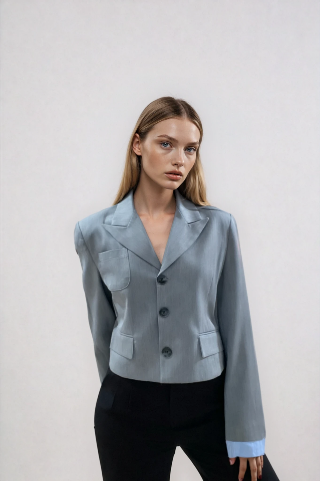 Kumaş Garnili Cep Detaylı Crop Blazer Ceket Gri - M