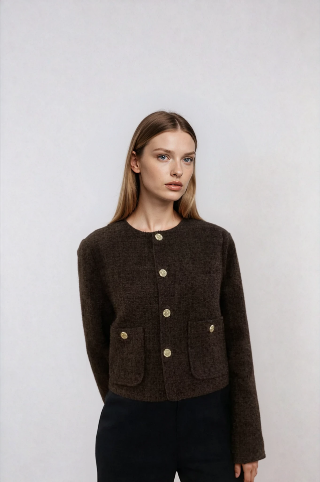 Yuvarlak Yaka Gold Düğmeli Tüvit Ceket Kahverengi - M
