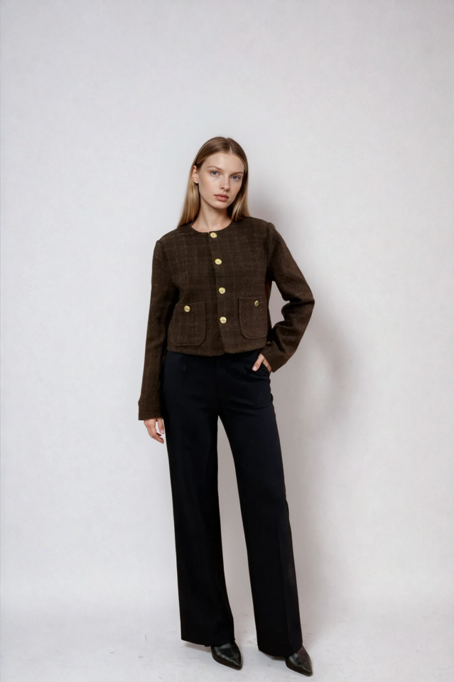 Yuvarlak Yaka Gold Düğmeli Tüvit Ceket Kahverengi - M