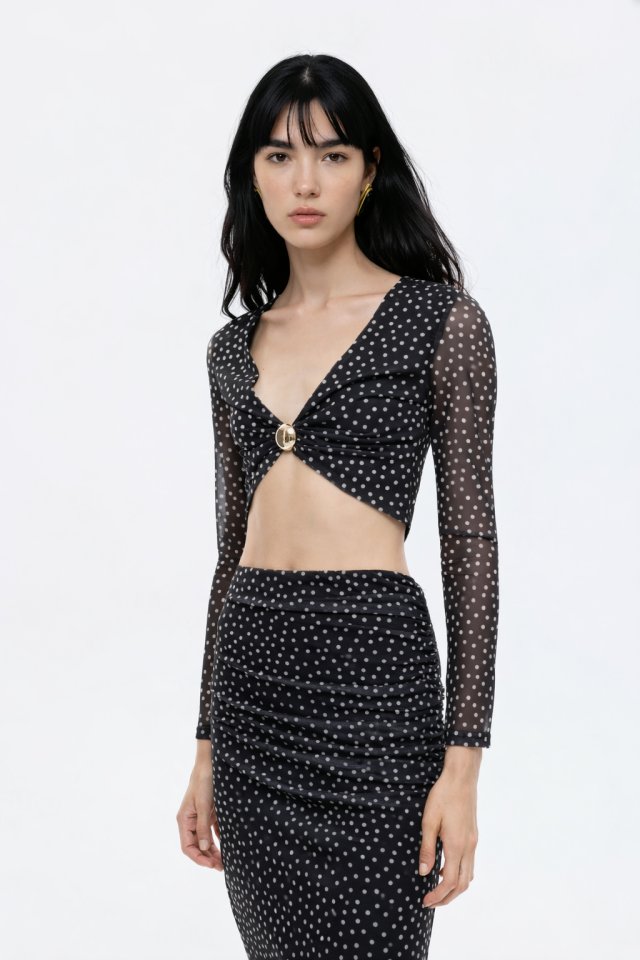 Puantiyeli Transparan Bluz Siyah - L