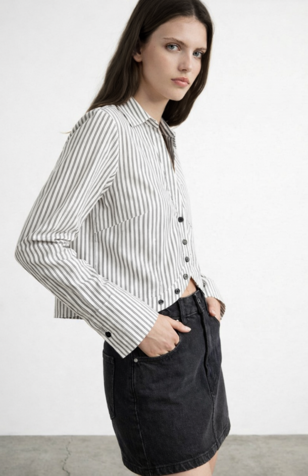 Modern Çizgili Crop Gömlek Ekru L