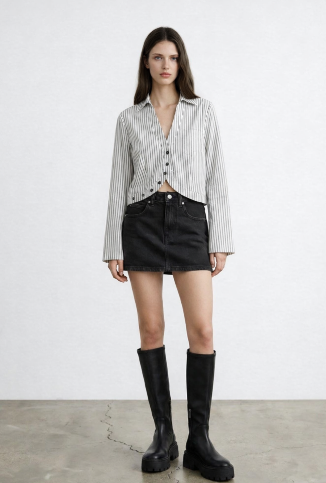 Modern Çizgili Crop Gömlek Ekru L