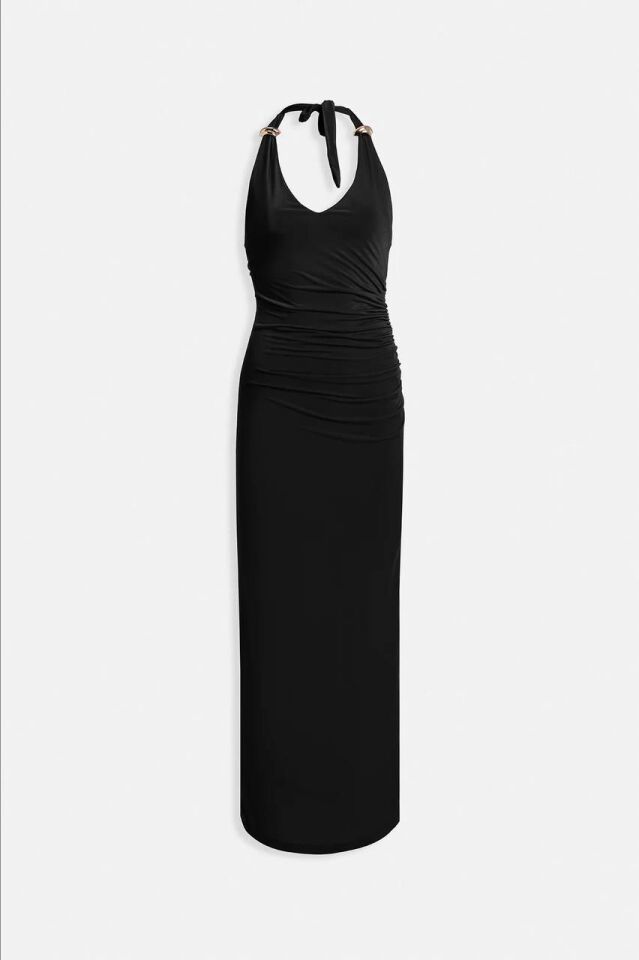 Aksesuar Detaylı Maxi Elbise Siyah - XS