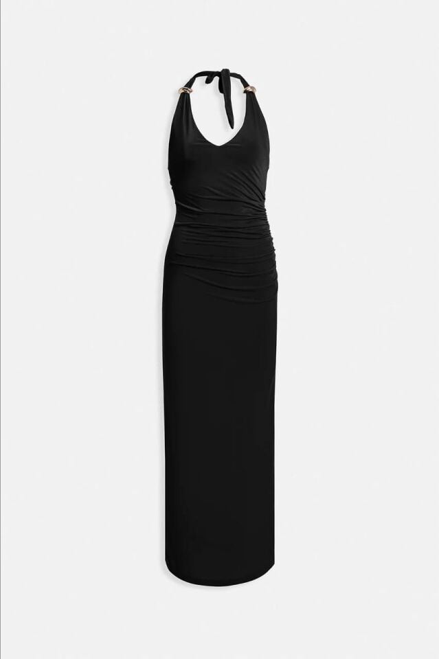 Aksesuar Detaylı Maxi Elbise Siyah - XS
